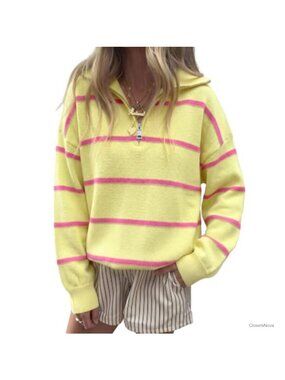 Striped Quarter Zip Pullover Sweater Mock Neck Ribbed Knit